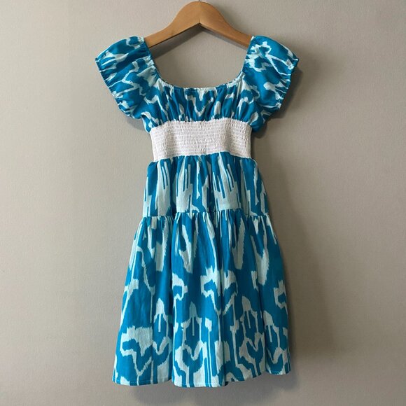 Handmade Children's 100% Cotton Blue Pattern White Elastic Waist Dress - Picture 2 of 10